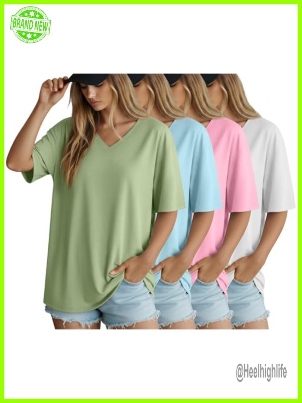 Women's Oversized Cotton V-Neck Short Sleeve T-Shirts 4 Pack